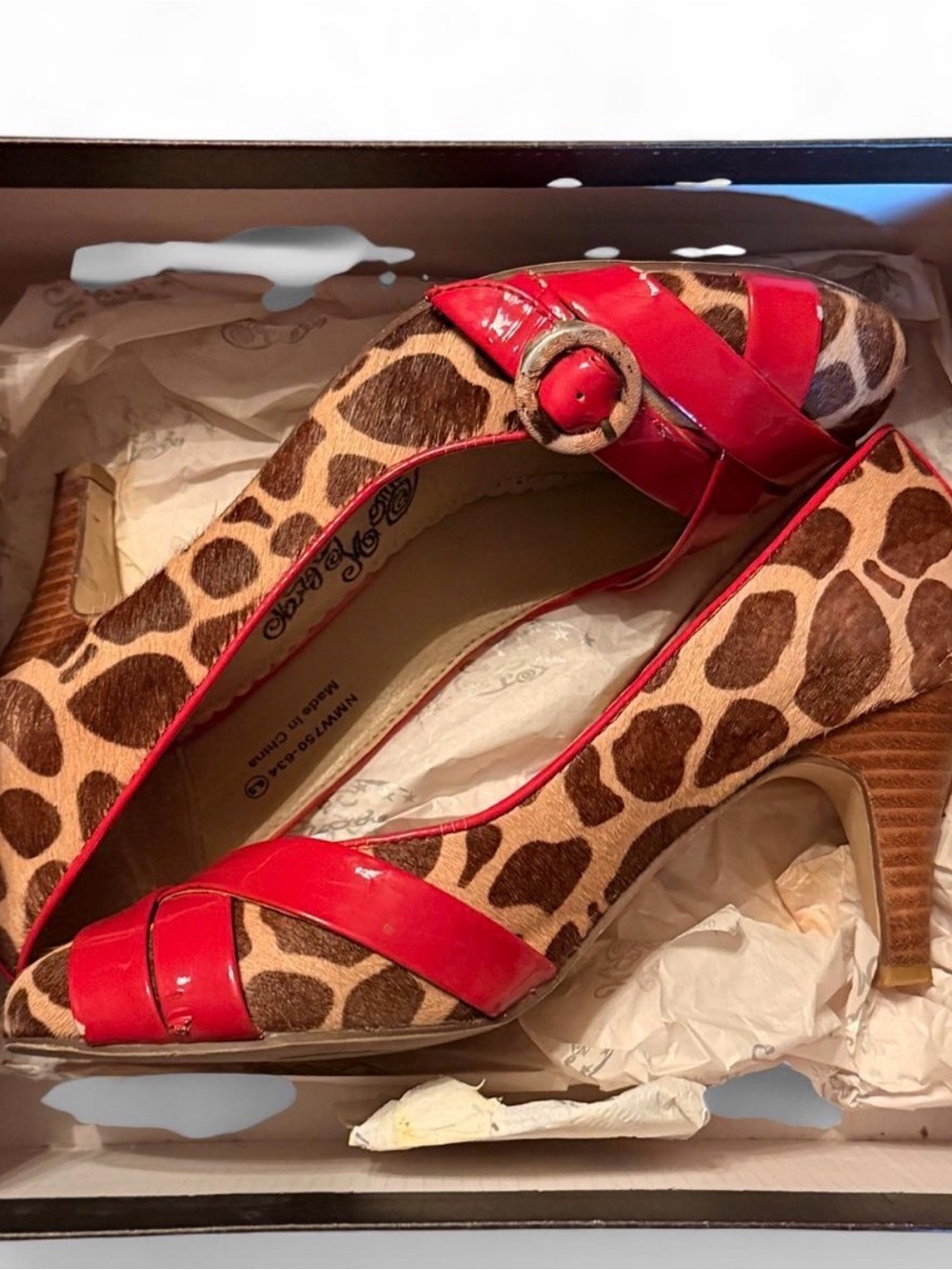 Red Patent and Leopard Print Women's Mid Heel Pumps